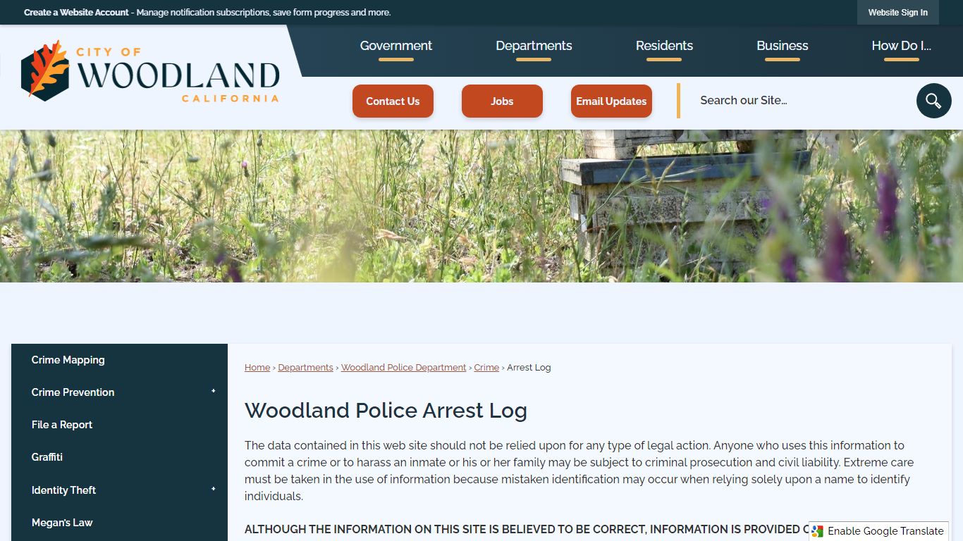 Woodland Police Arrest Log